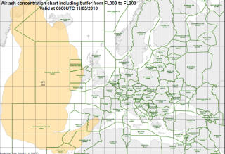 SLANGER SEG OPP I SPANIA: Dette er utbredelsen av sone 1, hvor det hersker flyforbud, per n�. Dette gjelder for luftrommet fra havniv� opp til 20 000 fot. Grafikk: EUROCONTROL