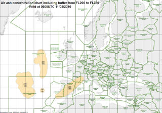 NEDSATT KAPASITET: Askevarselet for 20 000 til 35 000 f�rer til kapasitetsreduksjon i deler av luftrommet over Spania. Grafikk: EUROCONTROL