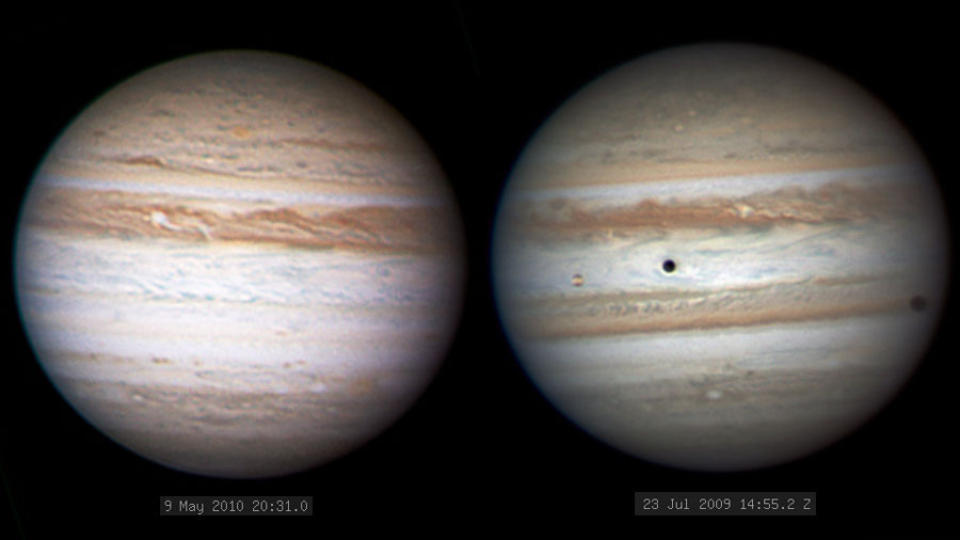 FINN �N FEIL: Jupiter pleier til vanlig � ha to sv�rt synlige belter like s�r og nord for ekvator. Men, som vist i bildet til venstre, er det s�rlige beltet n� s� godt som forsvunnet. Hvorfor er uklart. De sorte rundingene p� bildet til h�yre er for �vrig m�nene Io og Callisto. Foto: Anthony Wesley/acquerra.com.au