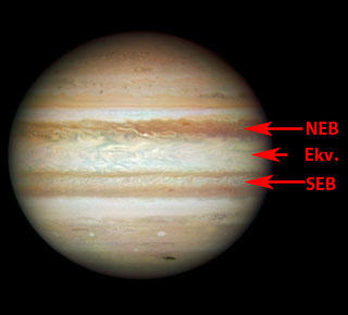 BORTE: Det s�rlige ekvatorbeltet (SEB) er borte. Bare det nordlige (NEB) st�r igjen. Ekv. er planetens ekvatoromr�de. Foto: NASA
