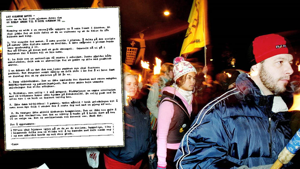 KUPPET: SOS Rasisme er kuppet av en liten gruppe med tilh�righet i Tjen Folket. I et hemmelig notat Dagbladet har f�tt tilgang til f�r medlemmene beskjed om hvordan de skal beholde makta og oppf�re seg under SOS Rasismes landsm�te til h�sten. Personene p� bildet har deltatt i en SOS Rasisme-demonstrasjonen p� krystallnatta og er ikke tilknyttet den aktuelle saken. Foto: Jeanette Landfald/Dagbladet.