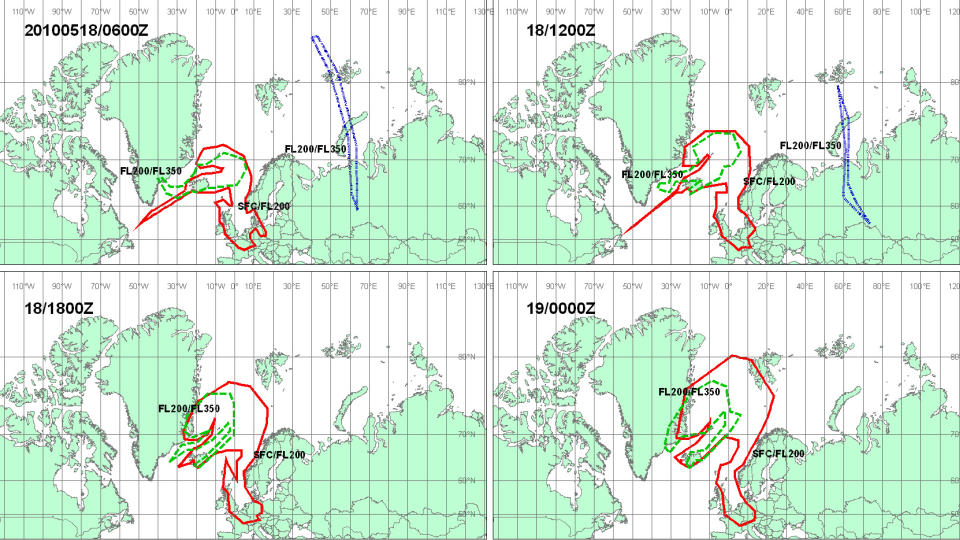SLIK BEVEGER ASKEN SEG: I dag og i morgen vil askeskyen bevege seg som vist p� dette kartet, if�lge meteorologiske unders�kelser. KART: London Volcanic Ash Advisory Centres