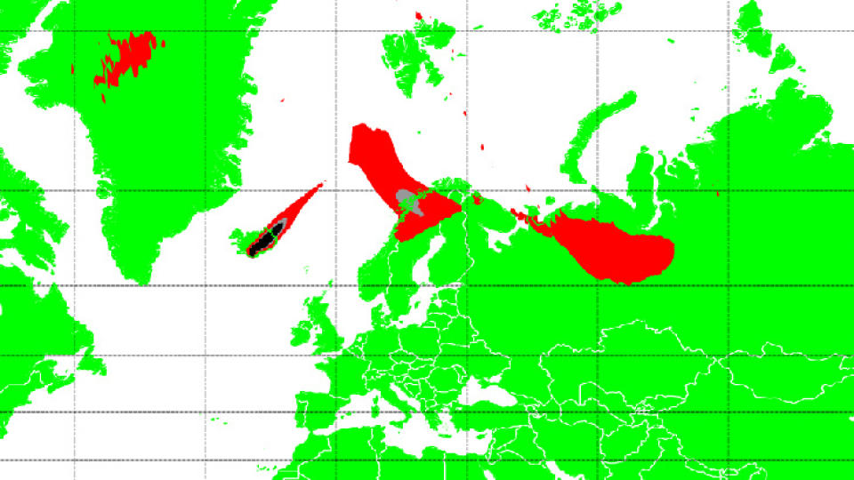 LITT BEDRE PROGNOSER: Slik ser askeskyen ut n�. Prognoser viser at den delen av skyen som er p� vei mot Norge ser mindre ut enn meteorologene f�rst antok. Derfor blir trolig ikke flytrafikken i S�r-Norge, Tr�ndelag og Vestlandet rammet likevel. KART: London VAAC NWP