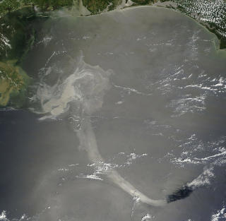 OLJEARM: Et satellittbilde fra 17. mai viser en lang arm som g�r s�rover fra oljeflaket og mot havstr�mmen Loop Current. Den kan bringe s�l ut i Atlanterhavet. Mens slike bilder er viktig for � spore overflateolje, greier ikke satellittene � se store oljeskyer som kan v�re under vann. Foto: AP Photo/NASA/SCANPIX