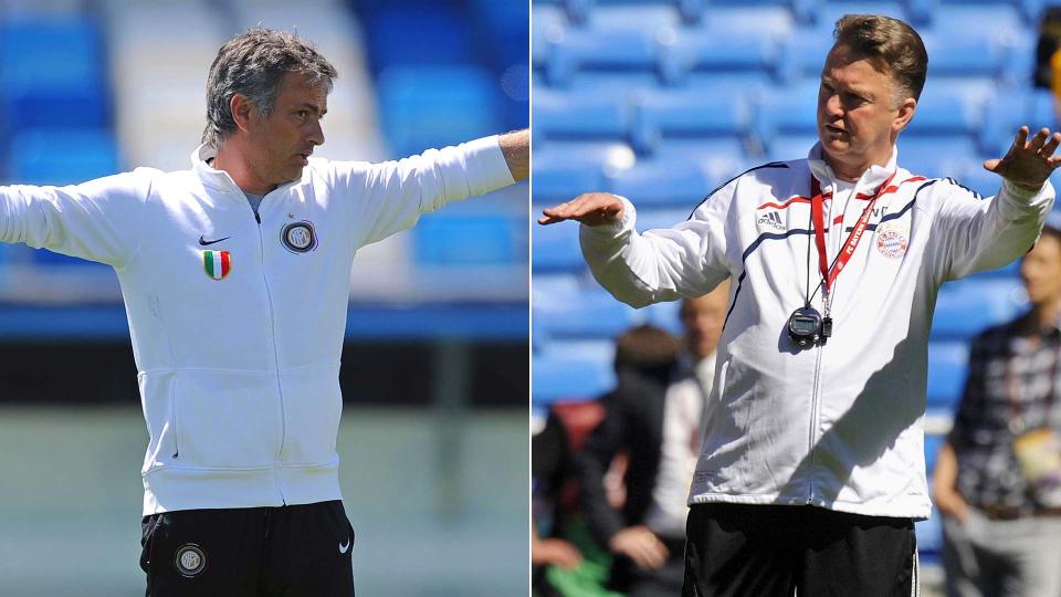ELEV OG L�REMESTER: Jos� Mourinho (t.v.) fikk stadig mer tillit av Louis van Gaal da sistnevnte var Barcelona-sjef. I morgen m�tes eleven og l�remesteren til kamp om den gjeveste pokalen i klubbfotballen - Champions League-trofeet.Foto: SCANPIX