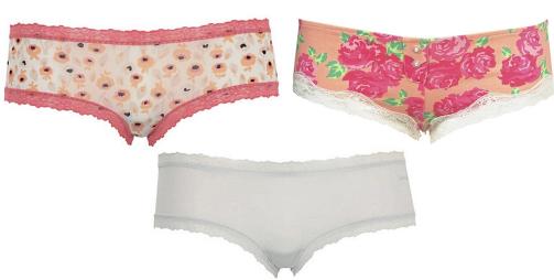 FRA VENSTRE: Calvin Klein Ultra Lowe Rise Hipster (kr 149), Calvin Klein Ultra Lowe Rise Hipster (kr 149),Topshop Big Rose Placked Ladypant (kr 38).  Foto: Nelly.com, Underverker.no, produseneten