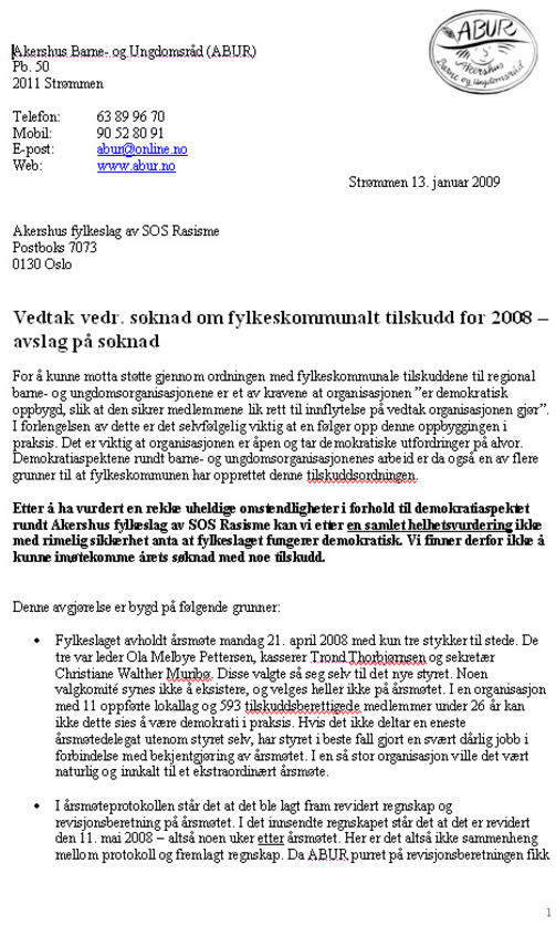 AVSLAG: Dette er avslaget SOS Rasisme i Akershus fikk i 2009. Side 1