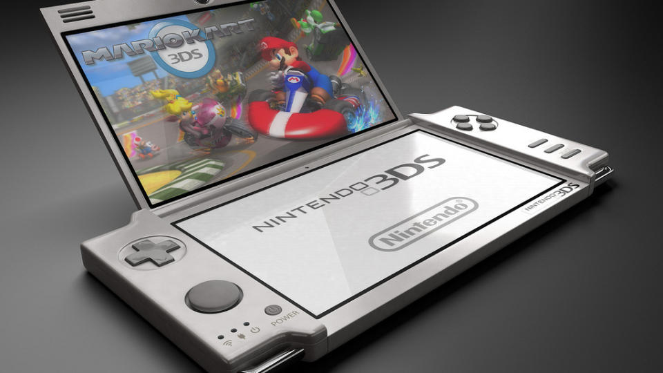 F�R KRAFTIG GRAFIKK: Nintendos kommende h�ndholdte spillmaskin med 3D-st�tte vil ha grafikk som kan m�le seg med PS3 og Xbox 360, sier utviklere som jobber med maskinen - som vil bli avduket p� neste ukes E3-messe. Dette er, som du sikkert skj�nte, en fanlaget konsepttegning.