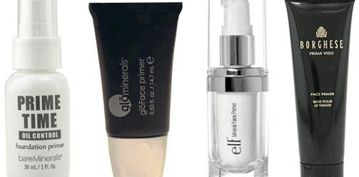 FRA VENSTRE: Bare Minerals Prime Time Oil Control (kr 173,50), GloMinerals Gloface Primer (kr 279), Elf Mineral Face Primer (kr56), Borghese Prima Viso Face Primer (kr 155, 50). Foto: Strawberrynet.com, Vanitystore.no, produsenten