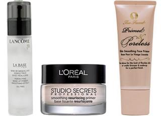 FRA VENSTRE: Lanc�me La Base Pro Perfecting Makeup Primer (kr 269), L'Or�al Profesional Smoothing Resorfacing Primer (kr 122), Too Faced Primed and Coreless Skin Smoothing Face Primer (kr 295). Foto: Makeupmekka.no, Strawberrynet.com, produsenten