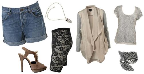 FRA VENSTRE: Denimshorts fra Topshop (kr 288), smykke fra Topshop (kr 76), sko fra H&M (kr 399), sykkelshorts fra Gina Tricot (kr 99), blazer fra Topshop (kr 575), T-skjorte fra Vila (kr 199), ring fra Bik Bok (kr 49). Foto: Nelly.com, produsenten