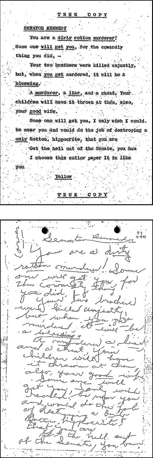 �NOEN VIL TA DEG�: Dette h�ndskrevne brevet, renskrevet av FBI p� arket over, er en av over hundre drapstrusler som er gjengitt i det omfattende materialet som ble frigitt i dag.