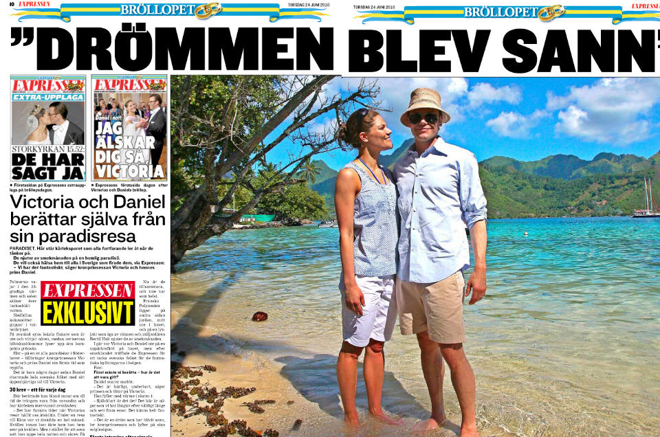 KRONPRINSESSEPARET HILSER: Kronprinsesse Victoria og prins Daniel hadde nettopp snorklet da Expressen m�tte dem p� bryllupsreisen. Faksimile: EXPRESSEN