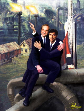 SINTE P� GASSVENNER: Kunstner Rolf Groven laget dette bildet i anledning regjeringsskiftet i mars 2000. Jan Petersen sitter p� Stoltenbergs kne foran et gasskraftverk.