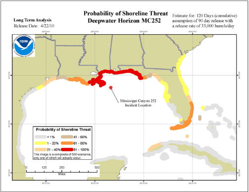 KEY WEST OG MIAMI UTSATT FOR OLJE: Det sier National Oceanic and Atmospheric Administration (NOAA) etter � ha brukt en computermodell for � se hvor sannsynlig det er at oljes�let kommer inn i havstr�mmen som g�r rundt s�rspissen av Florida og inn i Golfstr�mmen. Her ser man hvordan oljen vil treffe kysten. Grafikk: NOAA