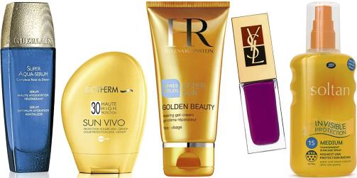 FRA VENSTRE: Guerlain Super Aqua-Body Serum (kr 840), Biotherm Sun Vivo Visage SPF 30 (kr 270), Helena Rubinstein Golden Beauty After Sun (kr 295), YSL La Laque No. 42 (kr 190), Soltan Invisible Protection Clear Spray SPF 15 (kr 149). Foto: produsenten