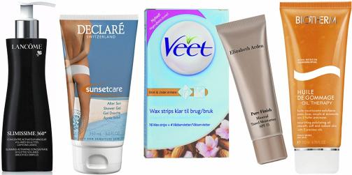FRA VENSTRE: Lancome Slimissime 360� Skimming Activating Concentrate (kr 440), Declar� After Sun Shower Gel (kr 79), Veet Wax Strips (kr 40), Elizabeth Arden Pure Finish Mineral Tinted Moisturizer SPF 15 (kr 275), Biotherm Huile de Gommage Oil Therapy (kr 235). � Foto: produsenten