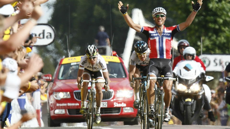 VANT: Thor Hushovd syklet inn til seier p� dagens etappe i Tour de France. Foto: Heiko Junge, Scanpix
