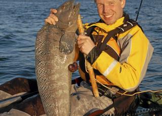 KAJAKK-FISKER: Johan Isaksson koser seg med kajakk, fiskestang og steinbit utenfor Tromsø. Johan Svenson KAJAKK-FISKER: Johan Isaksson koser seg med kajakk, fiskestang og steinbit utenfor Tromsø. Johan Svenson
