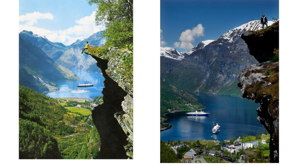 Postkort:  Utsikt fra Flydalsjuvet over Geiranger, med cruiseb�tene og fjorden langt der nede. Vi har v�get oss utp� (til h�yre), med hjertet i halsen. Til venstre: Originalen, som finnes i utallige versjoner.