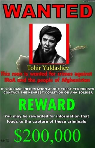 IDEOLOGEN: Tohir Yo'ldosh (mange ulike skrivem�ter) var sentral i opprettelsen av den usbekiske islamistiske bevegelsen. Han kjempet ogs� p� Talibans side i Afghanistan fra 2001. Denne plakaten ble utstedt av de amerikanske styrkene i 2007. Han er senere rapportert drept i Waziristan.