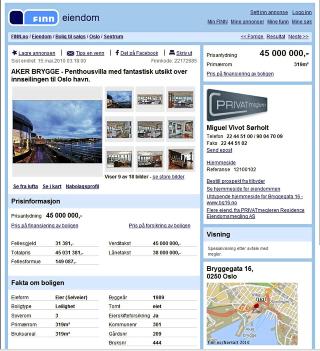 LANDETS DYRESTE: Dette er landets dyreste bolig som for tiden er til salgs (juli 2010). Skjermdump: Finn.no
