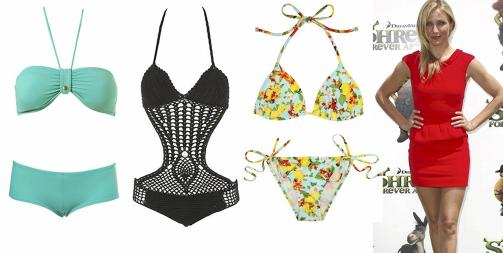 FRA VENSTRE: Turkis bikini fra Topshop, overdel (kr 97), underdel (kr 68), heklet badedrakt fra topshop (kr 312), blomstrete bikinisett fra D&G (kr 598). Foto: My-wardrobe.com, produsenten, Stella