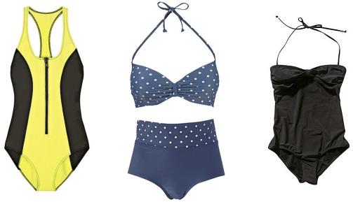 FRA VENSTRE: Sporty badedrakt fra Lisa Marie Fernandez (kr 3530), bl� bikinioverdel med prikker (kr 179), og matchende truse med h�yt liv (kr 129), begge fra Ellos, sort badedrakt fra H&M. Foto: Net-a-porter.com, Ellos.no, produsenten