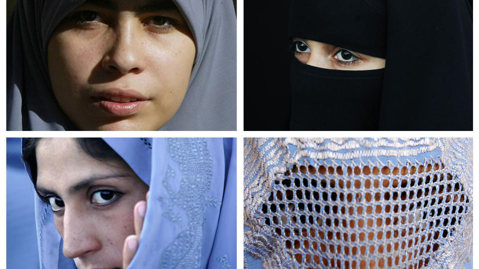  LOV - IKKE LOV:  Den franske nasjonalforsamlingen har tatt et nytt skritt i retning lovforbud mot de mest ansiktsskjulende muslimske hodeplaggene.  Hijab (venstre �verst) og tsjador (venstre nederst) blir fortsatt lov - nikab (h�yre �verst) og burka (h�yre nederst) blir etter alle solemerker forbudt. FOTO: AFP/SCANPIX.