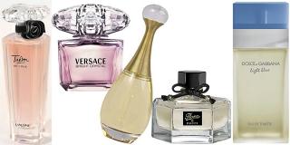 FRA VENSTRE: Lancome Tr�sor in Love, Versace Bright Crystal, Dior J�adore edt, Gucci Flora by Gucci, Dolce og Gabbana Light Blue. Foto: Produsenten.