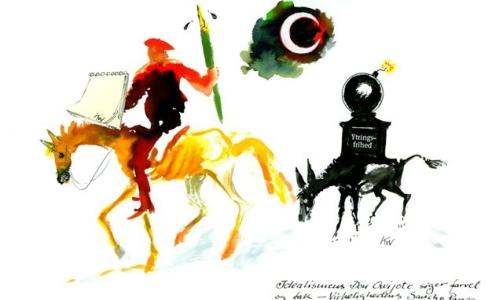 Sluttstrek: Kurt Westergaard som den bedr�velige skikkelse, Don Quijote. Slik sa han takk for seg etter 27 �r. Fra: Galleri Draupner/Erik Guldager