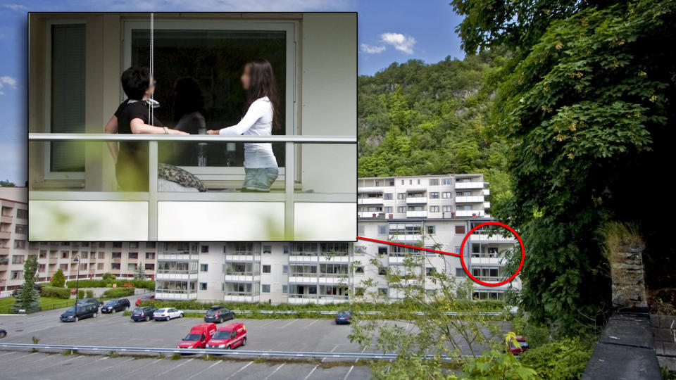 LASERTERROR: Her fra dette stedet sto �Lasermannen� og terroriserte 16-�ringen Mariel Longva (t.h) fra �lesund fra hun bare var 14 �r. Med laserpistol lyste han p� Mariel inne i leiligheten (innringet), ofte n�r hun var alene hjemme og det var m�rkt ute. Foto: Nikolas B. Farstad / Sunnm�rsposten.