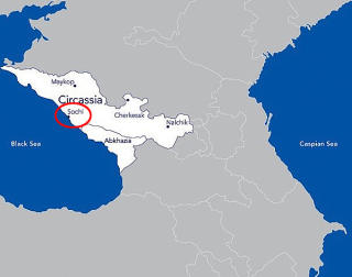 HER BLIR DET OL: Den russiske byen Sotsji ligger midt i det gamle Tjerkessia, som kartet viser. Omr�det dekket 55,663 kvadratkilometer (omtrent som Kroatia) og hadde anslagsvis rundt to millioner innbyggere.