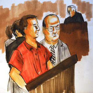 PLANLA TERROR MOT DANMARK: David Coleman Headley (tegningen) og Thawwur Hussain Rana ble i oktober i fjor arrestert i USA for terrorplaner blant annet mot Jyllandsposten. Her fra rettssaken. Fra: EPA/VERNA SADDOCK