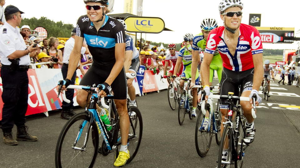 INSPIRERT AV HUSHOVD? Edvald Boasson Hagen (t.v) og Thor Hushovd (t.h) f�r start ved en tidligere etappe. Foto: Scanpix