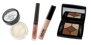 FRA VENSTRE: Mineralskygge i fargen Cappucino fra Moyana Corrigan (kr 125), korallfarget lipgloss som skal forsterke leppekonturen fra Max Factor (kr 99), nude lipgloss fra NYX (kr 95), �yenskyggepalett fra Dior (kr 399). Foto: Nelly.com, Blivakker.no