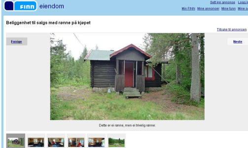 LAGT UT FOR SALG: Denne hytta f�r du for 150 000. Du trenger ikke pr�ve � prute. Foto: FAKSIMILE FINN.NO