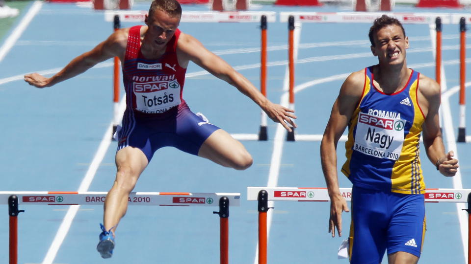DISKET: Hekkel�per Andreas Tots�s ble disket i kvalifiseringsheatet under EM i Barcelona.Foto: SCANPIX