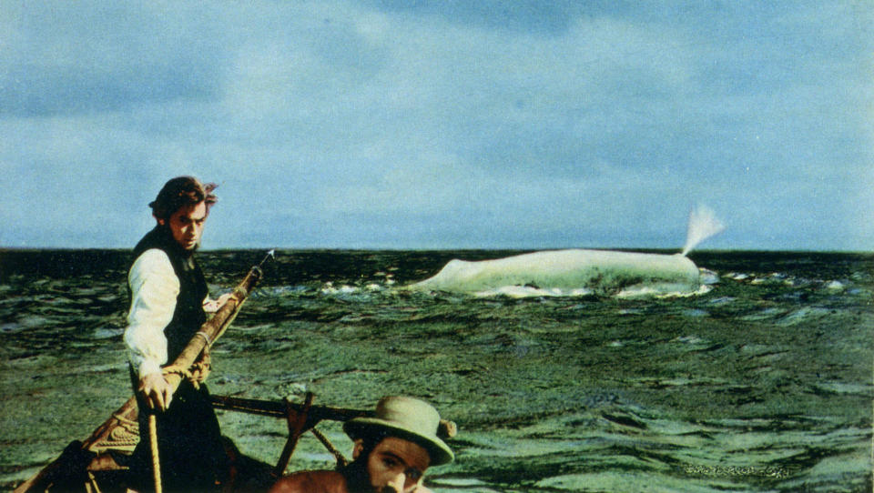 DYRE MODELLER: Modellene til �Moby Dick� som ble brukt under John Hustons innspilling av filmen, var sv�rt dyre. To forsvant i dypet under opptakene. Her er det like f�r kaptein Akab (Gregory Peck) og hvalen m�tes til et siste brytetak. Foto: FRA FILMEN
