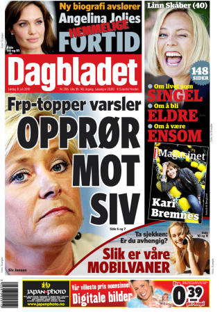 DAGBLADET I G�R: Dagbladet kunne i g�r avsl�re at det er stor frustrasjon i Frp p� grunn av partileder Siv Jensens lederstil. (Faksimile, Dagbladet, 31.08.2010)