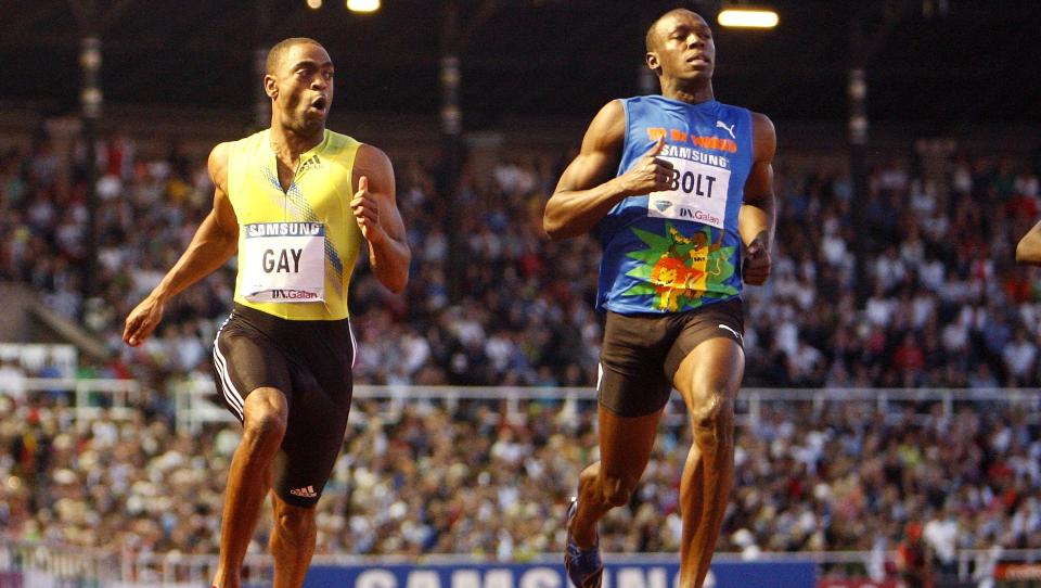 VANT SUPERDUELLEN: Tyson Gay slo Usain Bolt da de to m�ttes for f�rste gang i �r.  Gay l�p p� 9,84, Bolt p� 9,97 i DN Galan i Stockholm. Foto: Michael Probst, AP/Scanpix
