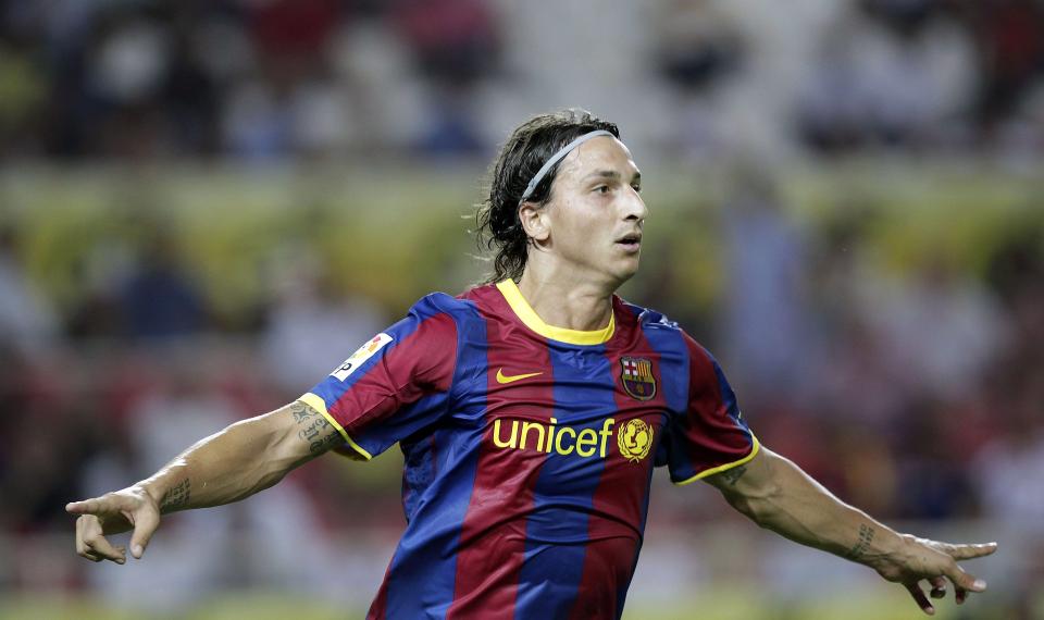 ENDELIG: Zlatan jubler etter � ha gitt Barcelona ledelsen mot Sevilla. Sitt f�rste supercupm�l i karrieren. Foto: EPA