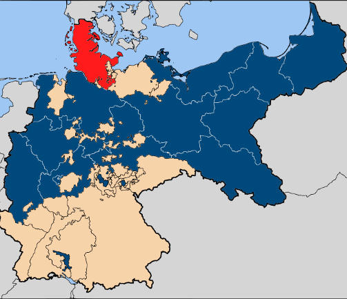 MISTET EN TREDEL AV LANDET: Slesvig-Holstein (i r�dt) var dansk, men kom p� pr�yssernes hender etter krigstapet. Fra: WIKIMEDIA COMMONS
