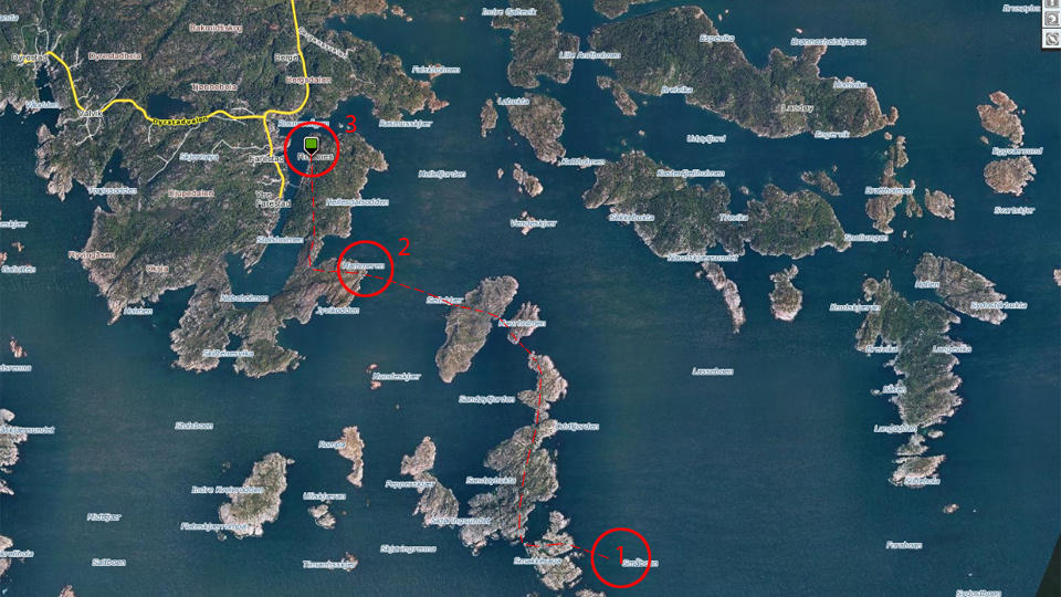 SV�MTE FLERE KILOMETER: 1. Ved Sm�boan utenfor Litleodd skal b�ten ha kantret. Mannen skal ha sv�mt i land ved Odden, g�tt over �ya og sv�mt over til Sand�y, videre til Maurholmen og til Seilskj�r. 2. Derfra la han p� sv�m videre til Hammeren p� Skjern�ya f�r han gikk til huset ved tallet 3. Foto: Gulesider