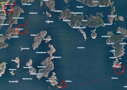 DEN �UMENNESKELIGE� FERDEN: 1. B�ten kantret mellom �yene Fora og Store S�s�ya. S�ren Thuesen la p� sv�m over Hellefjorden. Han kom til land p� Lille Odd s�r for Sand�y. 2. Herfra fortsetter han til fots og til vanns vi flere �yer opp til toppen av �ya Hellers�y, f�r han igjen legger p� sv�m og tar seg fra Seilskj�r til Hammeren.3. Derfra g�r han den siste biten opp til Rossnes p� Skjern�ya og ber om hjelp. Foto: Gule Sider