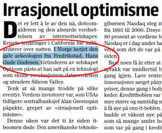 M�TTE RETTES: DN-lederen som p�sto at Hans Gude Gudesen var gal ble rettet opp mandagen etter. Man m� tolke teksten med godvilje for � tro at den opprinnelige meningen ikke var indentert. Faksimile: DN