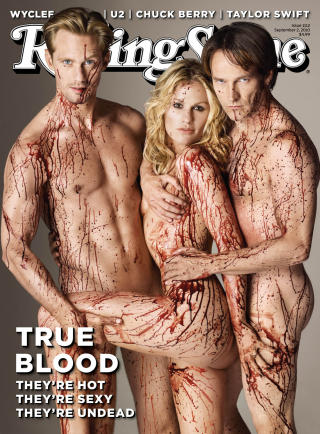 HEFTIG COVER: Alexander Skarsg�rd p� coveret av m�nedens Rolling Stone, sammen med Anna Paquin og Stepehn Moyer, som giftet seg i g�r. Foto: Stella Pictures