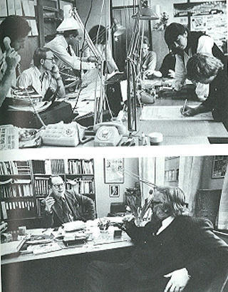 MAD MEN? P� desken (�verst) jobbes det iherdig, blant annet med Gudleiv Forr som redaksjonssekret�r. P� sjefredakt�rens kontor diskuterer Arve Solstad og Jahn Otto Johansen en gang p� 1980-tallet. Foto: Dagbladet
