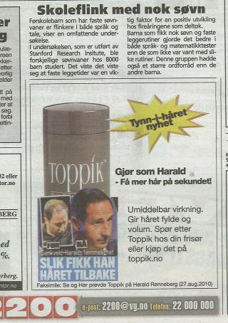 GJORT TIL TYNN-I-H�RET-AMBASSAD�R: Harald R�nneberg i Toppiks annonse. Faksimile: VG