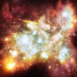 G�TEFULLT: Illustrasjonen viser den mest lyssterke �stjernefabrikken� som er observert, Lynx-buen 12 milliarder lys�r unna. N�r man observerer hopen, f.eks. gjennom romteleskopet �Hubble�, ser man rett inn i universets barndom. Illustrasjon: NASA/ESA/AFP/SCANPIX